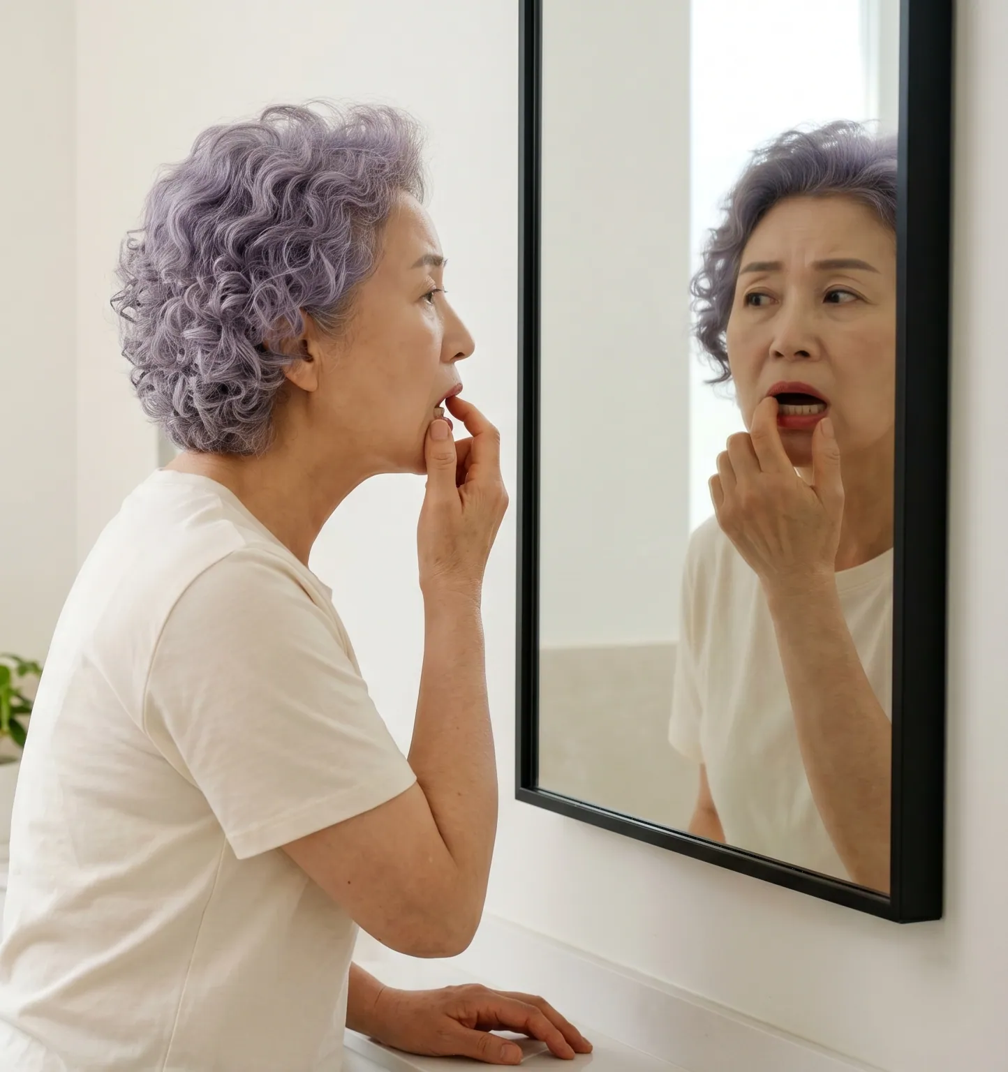 거울 앞에서 잇몸 상태를 살펴보는 시니어 여성